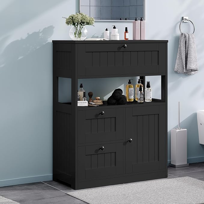 GRUSIGN Storage Cabinet, Modern Bathroom Floor Storage Cabinet Organizer with 1 Door and 3 Drawers, Freestanding Cupboard for Kitchen/Living Room Use