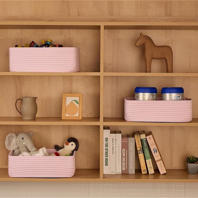 MiniArk Large Shallow Organizing Baskets 15x11x5.1 Inches - Rope Woven Storage Bins for Bathroom, Shelves, Cube Closet, Light Pink 3 Packs