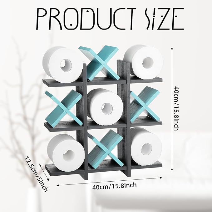 Weysat Tic Tac Toe Toilet Paper Holder Stand Bathroom Wall Decor Rustic Wooden Hanging Storage Freestanding Wall Mounted Shelves Decor for Toilet Tissue Farmhouse