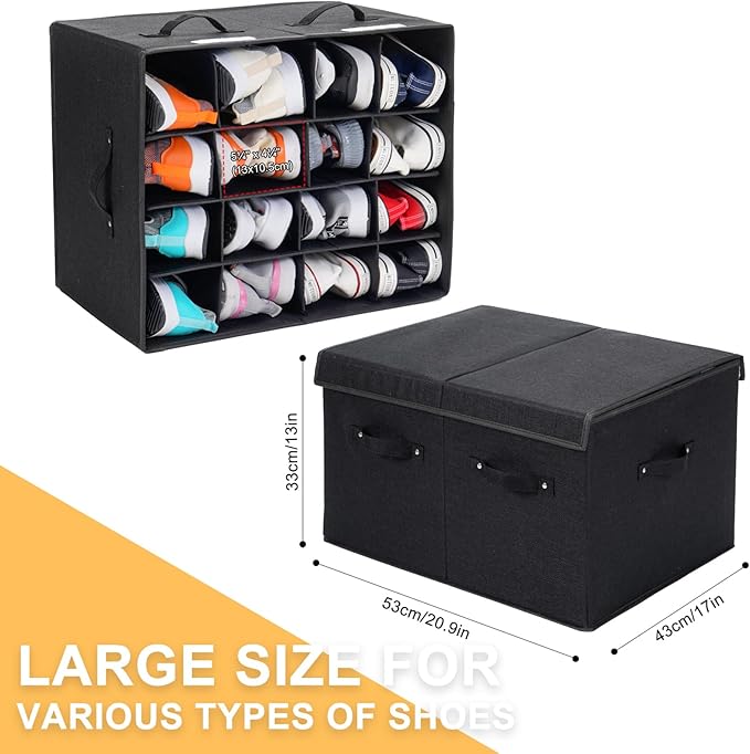 Shoe Organizer for Closet, Foldable Shoe Storage Box with Adjustable Dividers, Large Space Saving Shoe Storage Container Fits up to 16 Pairs with Reinforced Handles (Black)