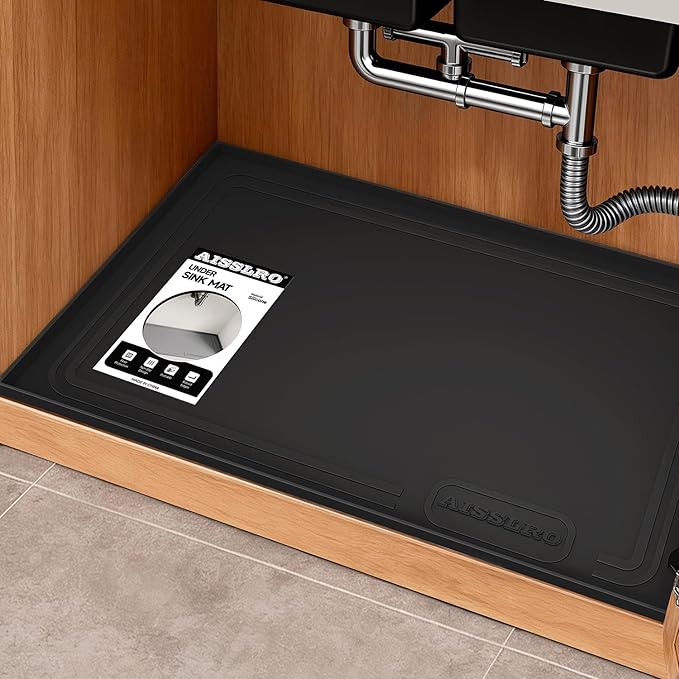 Aisslro Under Sink Mat 31" X 22", Waterproof Silicone Under Sink Mats for Kitchen, Anti-Leak Shelf Liner & Cabinet Protector with Raised Edge, [BPA Free] Bathroom Tray Home Organizer, Black
