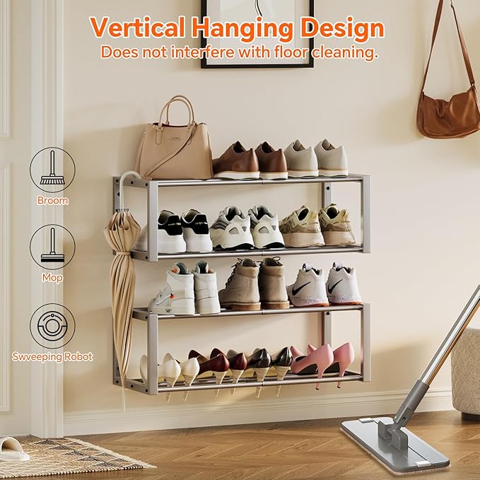 Hanging Shoe Organizer, 2 Pack Wall Mounted Shoe Rack Holds 12 Pairs, Silver