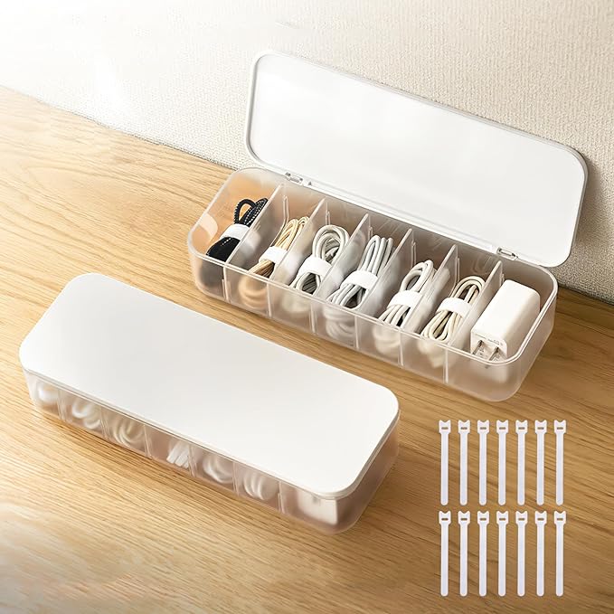 2 Pcs Cable Organizer Storage Box with 14 Wire Ties