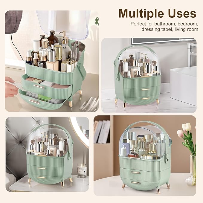 Makeup Organizer for Vanity, Large Capacity Skincare Cosmetic Organizer Countertop with 2 Drawers, Cosmetic Display Cases Makeup Storage Box for Bedroom, Bathroom, Ideal Gifts for Women(Green)