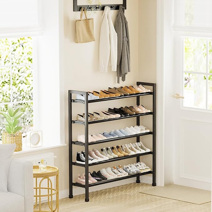 Mavivegue 5-Tier 19"-43.3" Adjustable Shoe Rack for Closet,Expandable Shoe Rack, Hall Entryway,Front Door,Garage, Sturdy Steel Space-Saving Rack, Black