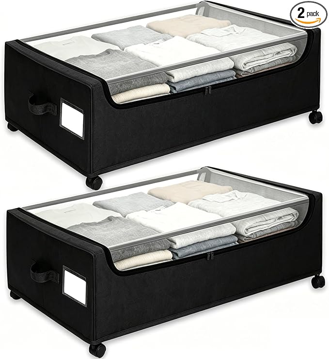 Under Bed Storage with Wheels, 2-Pack Under the Bed Storage Containers with Clear Lids & Label, Underbed Storage Bins, XXXL 85L 11 inches Rolling Metal Drawer for Clothes, Shoes, Toys, Books - Black