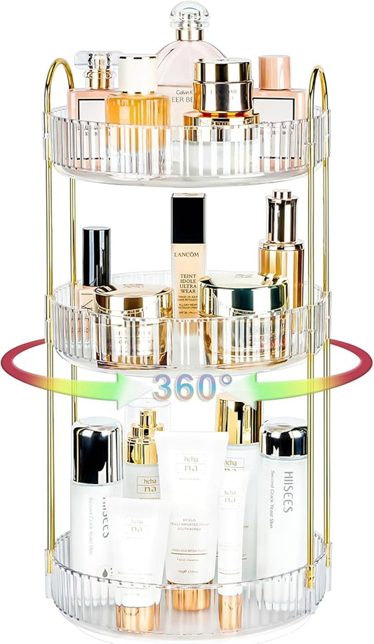 360 Rotating Makeup Organizer, Golden Clear, 3 Tier