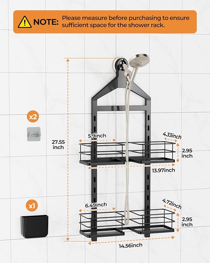 ODesign 2 Tier Height-Adjustable Shower Caddy Hanging Anti-Swing-Over The Shower Head Caddy Storage Organizer Bathroom Shelves Basket-Black