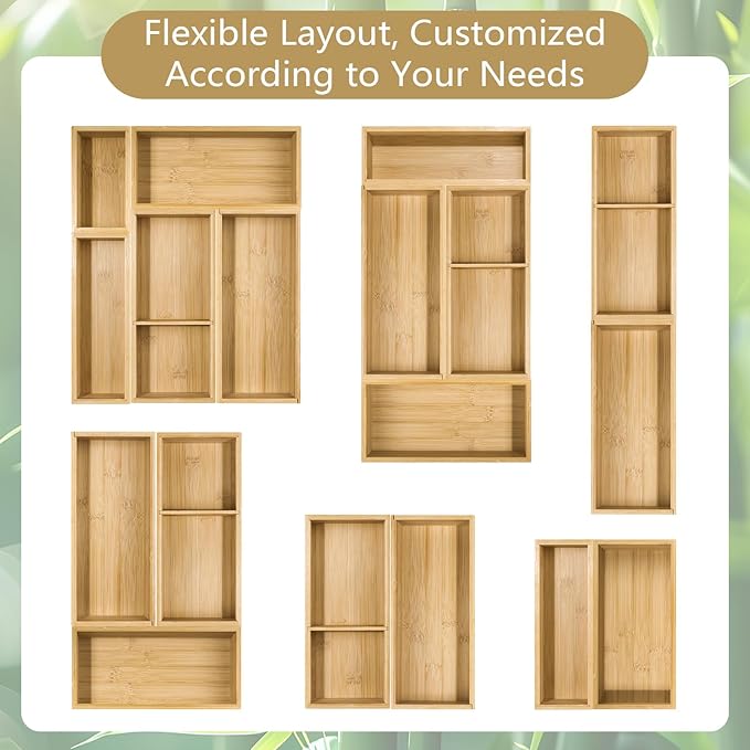 5 Pack Bamboo Drawer Organizer Set, Multi-Use Junk Drawer Organizer for Bathroom