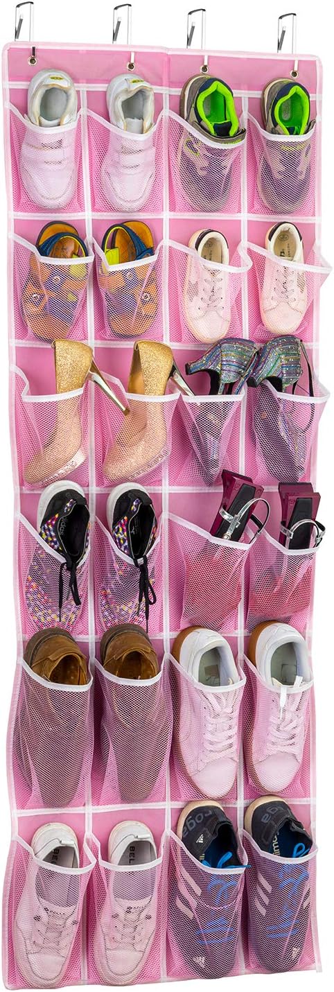 SAVERHO Hanging Shoe Organizer, Over The Door Shoe Organizer with 24 Breathable Mesh Pockets for Men Women Kids Hanging Shoe Storage Rack Organizer Size:58x21 Inch（Pink）