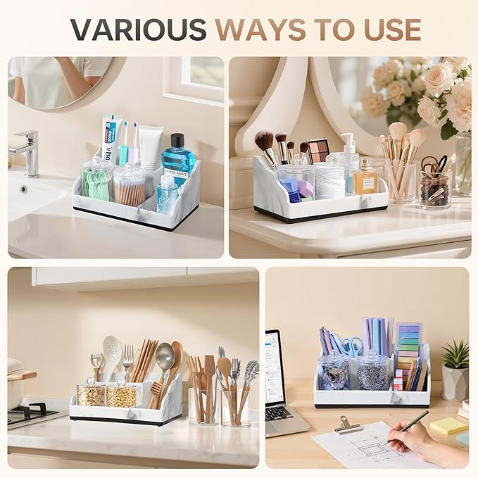 TuCao Marble Bathroom Countertop Organizer, Toothbrush Holders for Bathroom with 2PCS Qtip Holder Dispenser and Toothpaste Holder Drainage for Bathroom Accessories Organization Counter Vanity Storage