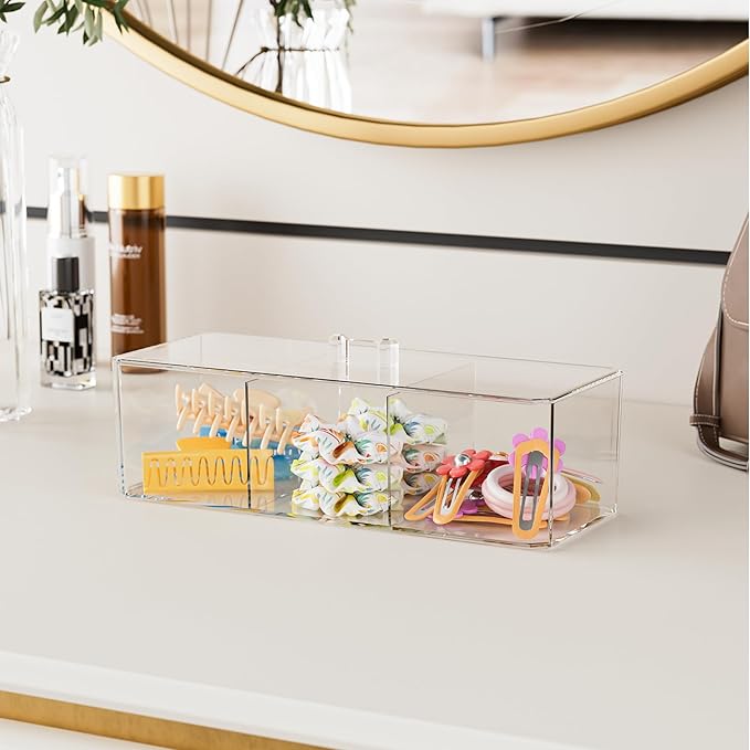 Hair Accessories Organizer for Girls, Clear Hair Bow Tie Clip Scrunchie Holder Organizer with Removable Divider, Cute Small Stackable Storage Drawer Container Caddy Box, Kids Women Vanity Accessories