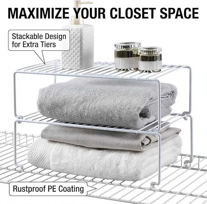 4-Pack Kitchen Cabinet Shelf Riser - Stackable Cupboard Organizer & Wire Rack for Pantry, Spice Organization, Desk & Bathroom, Rustproof Metal Closet Shelves, White (15.7" L x 8.5" W)