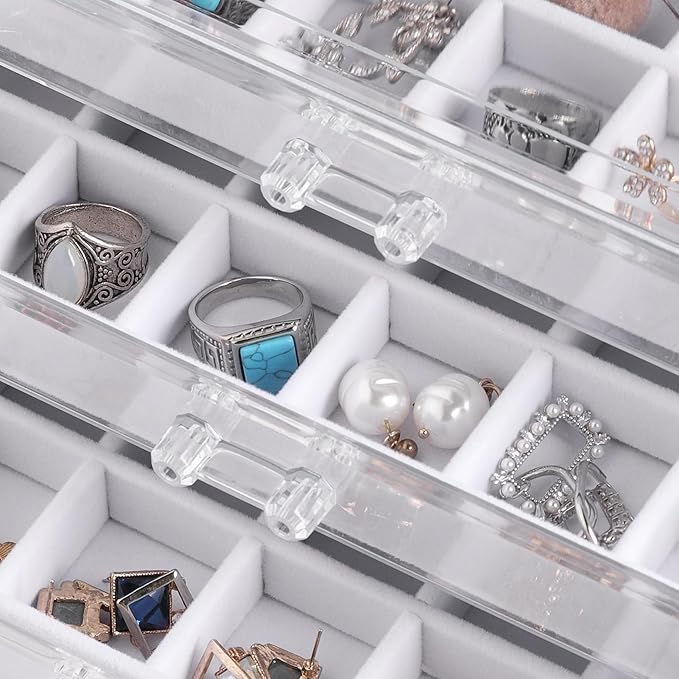 Frebeauty Acrylic Jewelry Organizer Earring Organizer Box with 5 Drawers Earring Holder Organizer with Velvet Trays Clear Jewelry Box for Women Earring Display for Rings Studs(White)
