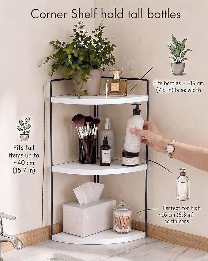 3-Tier Corner Bathroom Countertop Organizer, Solid Pine Wood Vanity Corner Shelf for Skincare & Makeup, Waterproof Standing Rack for Bathroom, Vanity, Kitchen & Dresser, Large 15.7"H, White