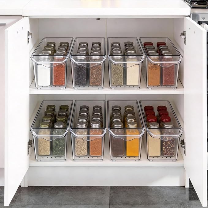 8 Pack Fridge Storage Bins, BPA Free Clear Refrigerator Organizers and Storage Containers, Clear Pantry Organization & Cabinet Bins, Slim Freezer Bin for Kitchen, Mini Fridge, Breast Milk