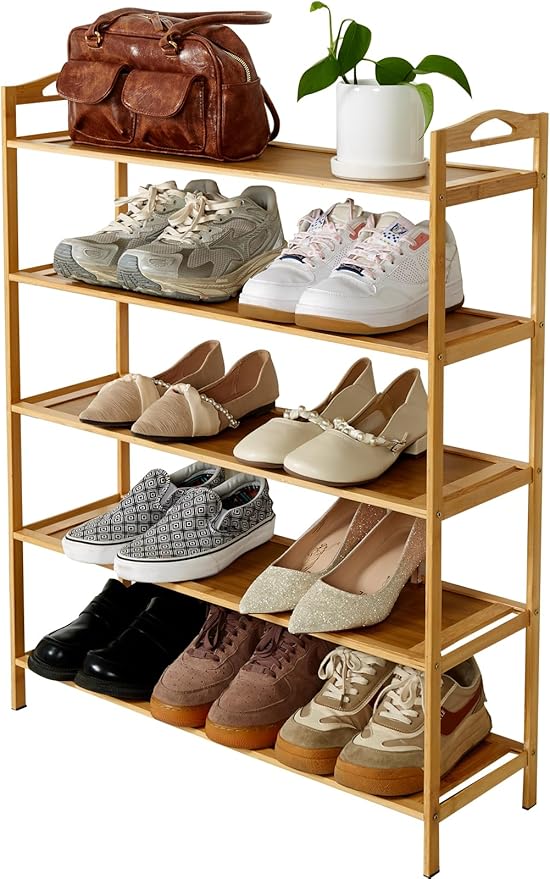 5 Tier Bamboo Shoe Rack, Free Standing Shoe Racks, Shoes Rack Organizer, Bamboo Wood Shoe Rack for Entryway and Closet Hallway (27.5" x 9.25" x 34.3")