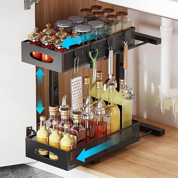 1 Pack Under Sink Pull Out Organizer, 2-Tier Adjustable Height Carbon Steel Storage Rack for Kitchen and Bathroom Cabinet, Black