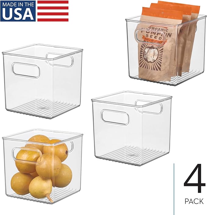 Storage Bin with Handles, Cube Organizer Bin for Pantry, Set of 4, Clear