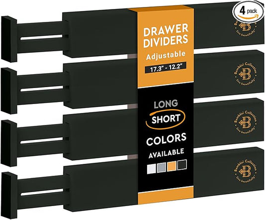 4-Pack Bamboo Drawer Dividers, 12.2 to 17.3 Inches Deep, 2.6 Inches High, Black