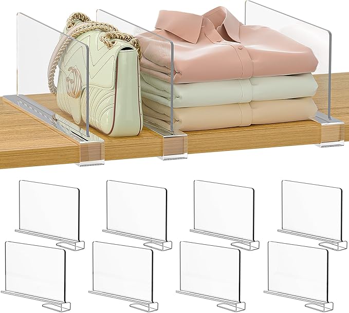 Purse Organizer for Closet Shelf Dividers: 6-inch Tall (Shorter Version) Adjustable Clear Acrylic Bag Storage Organizer for Handbags, Sweaters, Towels, Jeans and Shoes on Wood Shelves 8-Pack
