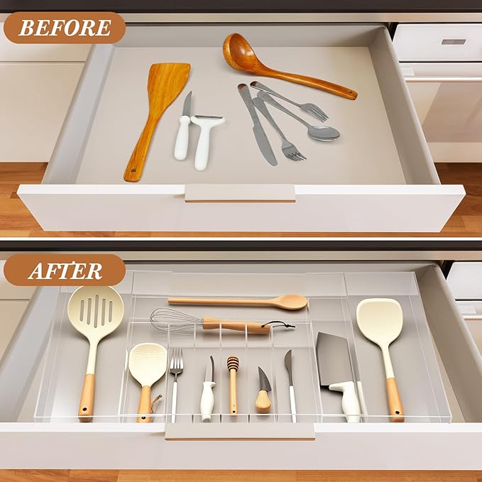 Teenyyou 1 Pack Expandable Kitchen Drawer Organizer Clear Acrylic Utensil Organizer Adjustable Acrylic Silverware Storage for Drawers Silverware Flatware Knives (18.5 x 17.4 Inches,9-11 Compartments)