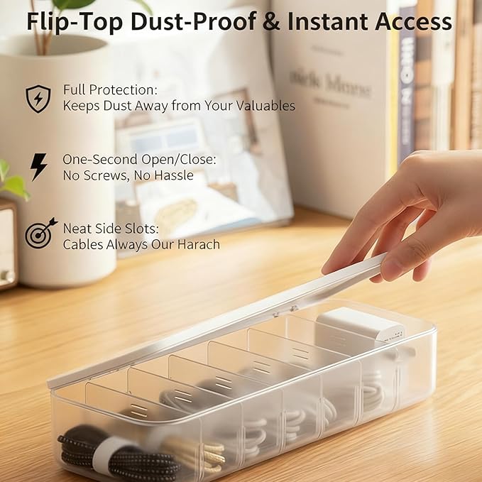 Cable Organizer Box with 7 Wire Ties, 1 Pack Desktop Cord Management Storage Case with Lid, 7 Compartments for Chargers Cables for Office Home Desk Accessories Cords (White)