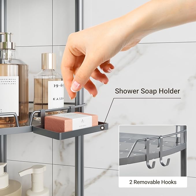 ELYKEN Corner Shower Caddy Standing, 3 Tier Rustproof Metal Shower Organizer with Soap Holder, Floor Shower Corner Shelf Rack Storage Stands with Adjustable Feet & 2 Hooks for Bathroom, Silver