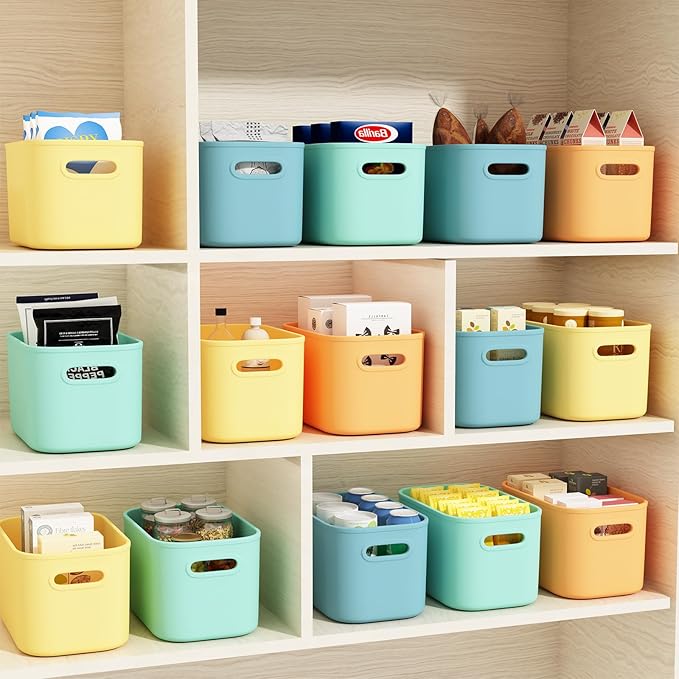 ORGIDOL 12 Pack Colorful Plastic Storage Bins, Storage Container for Organizing, Colored Storage Boxes with Handle for Shelves, Cute Organizer Bins for Craft, Snacks, Cabinet, 9.69x6.7x5.7 inch