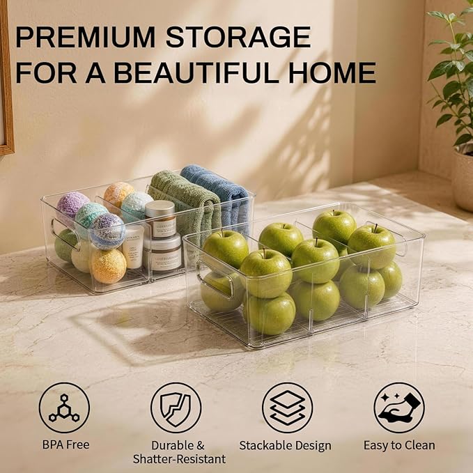 Mpotmiy 6 Pack Pantry Organizers and Storage,Clear Plastic Containers with 2 Dividers for Kitchen,Fridge Organization and Storage,Acrylic Bins for Pounches,Spice Packet,Snack organzier
