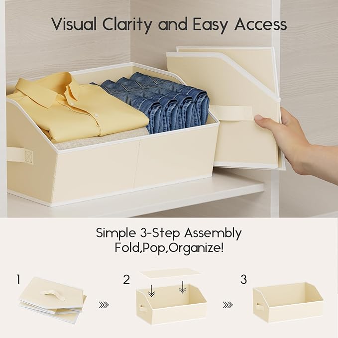 Homsorout Large Closet Organizers and Storage Bins - 6 Pack Trapezoid Storage Baskets for Shelves, Foldable Fabric Baskets with Handles Ideal for Closet, Basket, Wardrobe and Shelf Storage, Beige