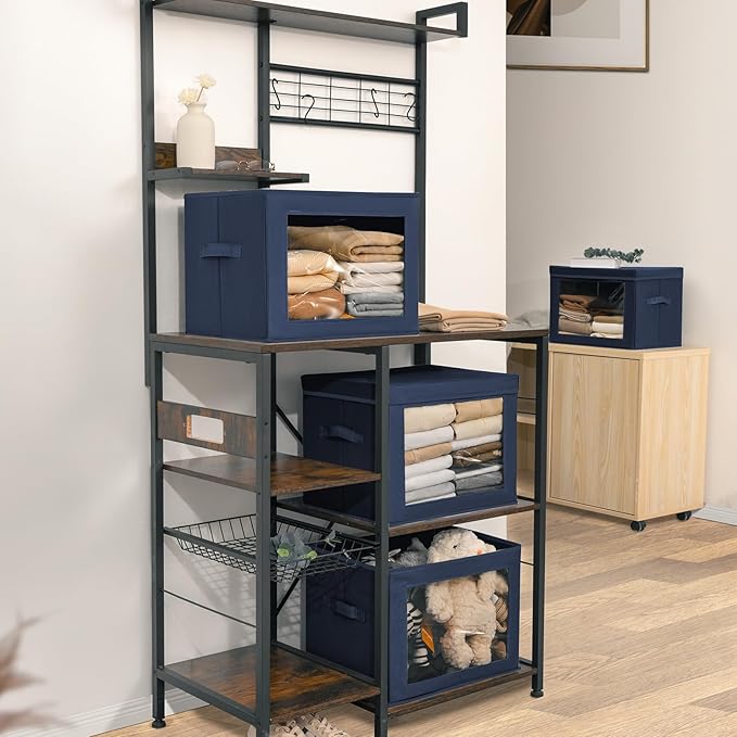 Stackable Storage Bins with Lids, Large Decorative Basket with Lids, Navy Blue