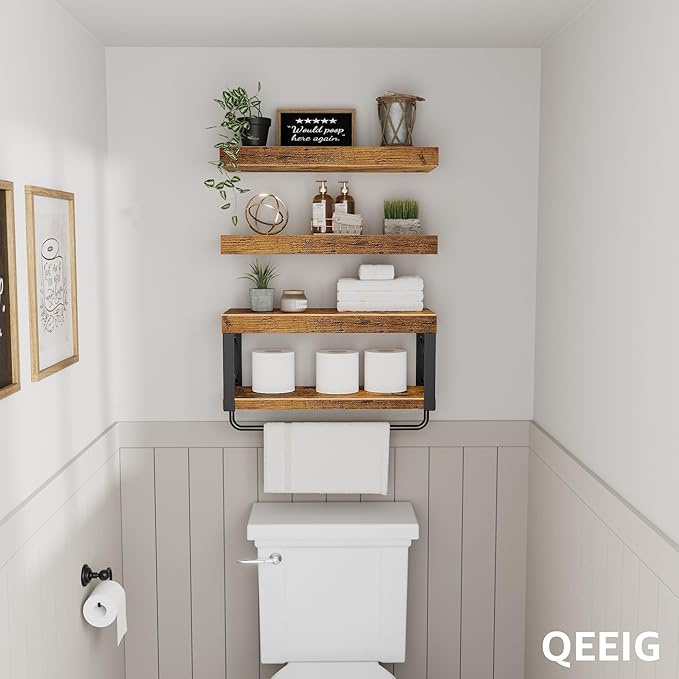 QEEIG Bathroom Shelves Over Toilet - Floating Shelf for Wall Toilet Paper Storage Farmhouse 16 inch Set of 3, Rustic Brown (029-40BN3)