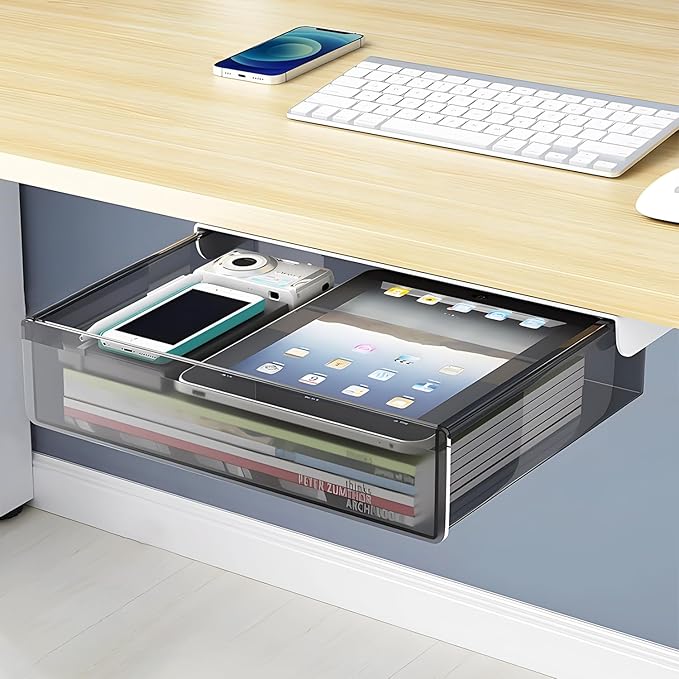 SVNNELP Large Under Desk Table Drawer Storage Organizer A4, Hidden Self-Adhesive Under Desk Pencil Tray Drawer for Office (Clear Black/L)