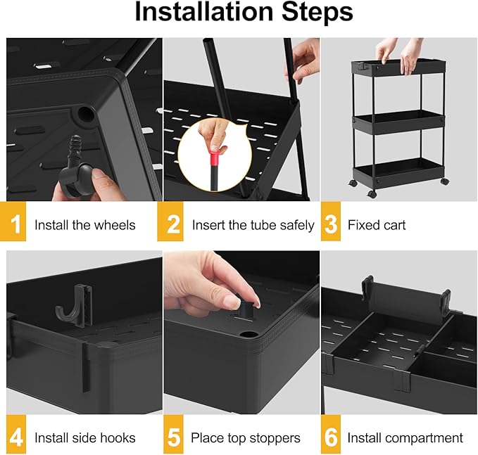 SPACELEAD 4 Tier Rolling Cart with Wheels, Storage Craft Art Trolley Organizer Serving, 3 Hanging Baskets Easy Assembly, for Office, Living Room, Kitchen