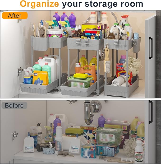 Sevenblue 3 Pack Under Sink Organizers, 2-Tier Multi-Use Kitchen and Bathroom Organizers and Storage with Sliding Drawers, Bathroom Cabinet Organizer (Gray, 14.8 Inch)