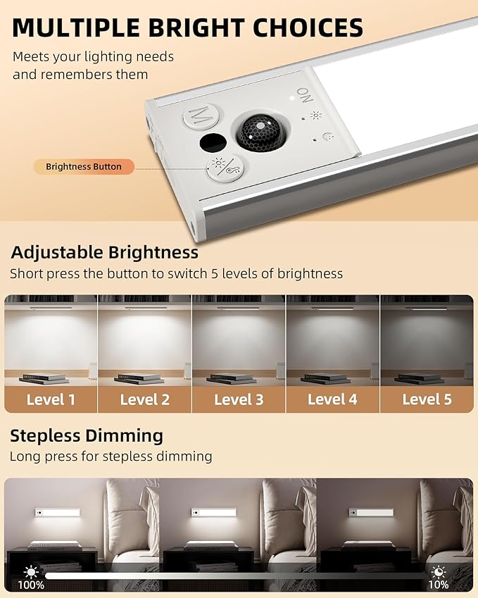 EZVALO 12inch Under Cabinet Lighting, LED Motion Sensor Light Indoor, 3100mAh USB Rechargeable Closet Lights, Dimmable & Magnetic Wireless Under Counter Lights for Kitchen, Pantry, Stairs (2 Pack)