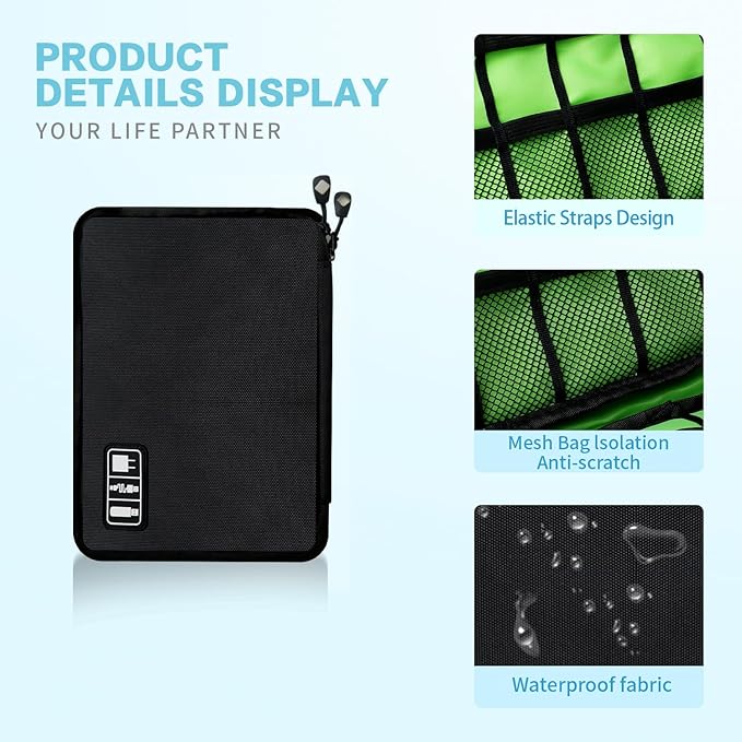 Lcsmaokin Electronics Travel Organizer,Portable Waterproof Electronic Travel Storage Bag for Small Charging Cord Storage,Charger,SD Card etc,for Travel,Business -Black Green