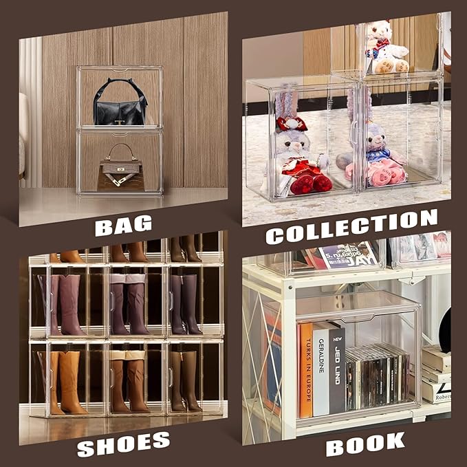5 Pack Clear Shoe Boxes Stackable, 10.6'' High Sneaker Storage Boxes for High Top Shoes, Magnetic Side Door Shoe Organizer Clear Plastic Shoe Containers for Closet Display