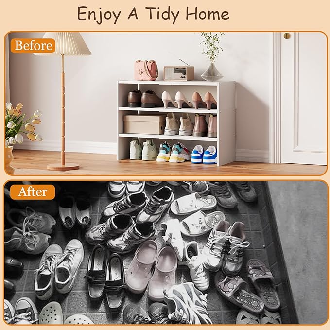 3-Tier Expandable White Shoe Rack Organizer for Closet, Stackable Shoe Racks Storage Shelf, Small Metal Wood Combination Shoe Shelves for Closets,Entryway,Front Door, Narrow Space,Hallway,8-16 Pairs