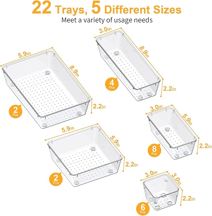 SMARTAKE 22-Piece Drawer Organizer with Non-Slip Silicone Pads, 5-Size Clear Desk Drawer Organizer Trays Storage Tray for Makeup, Jewelries, Utensils in Bedroom Dresser, Office and Kitchen, Clear