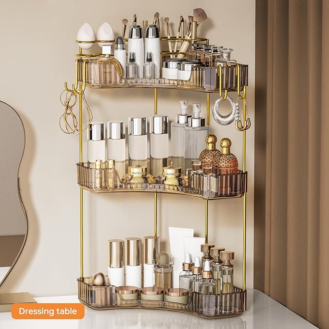3-Tier Corner Bathroom Counter Organizer，Makeup & Skincare Shelf with Built-in Brush Holder，Space-Saving Bathroom Countertop Organizer for Skincare, Perfume, Cosmetics(Amber)