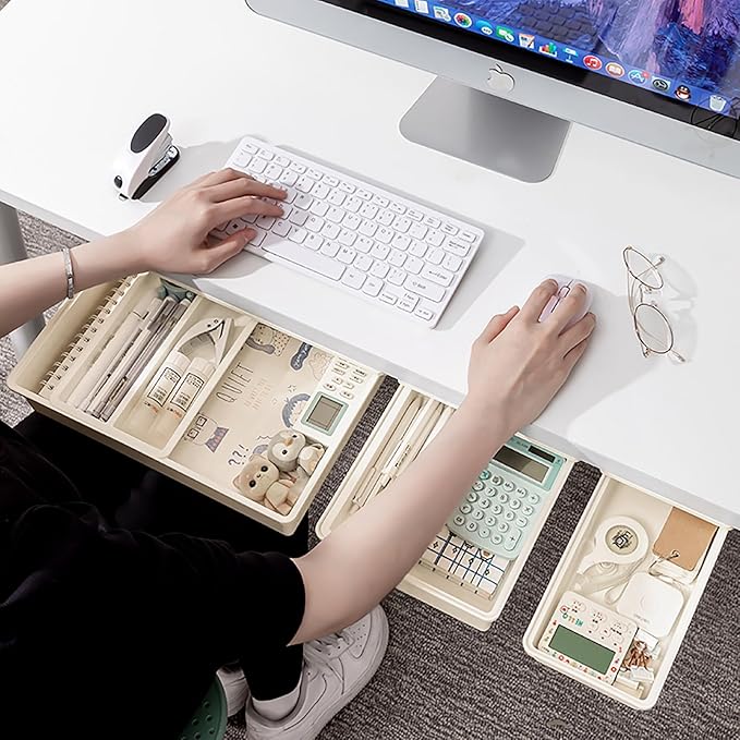 Cedilis 3 Pack Under Desk Drawer, Self-Adhesive Desk Organizer Drawers, Hidden Drawers Pencil Tray, Add a Drawer Under Table Easily, Attachable Desktop Organizer for Office School Home, Beige