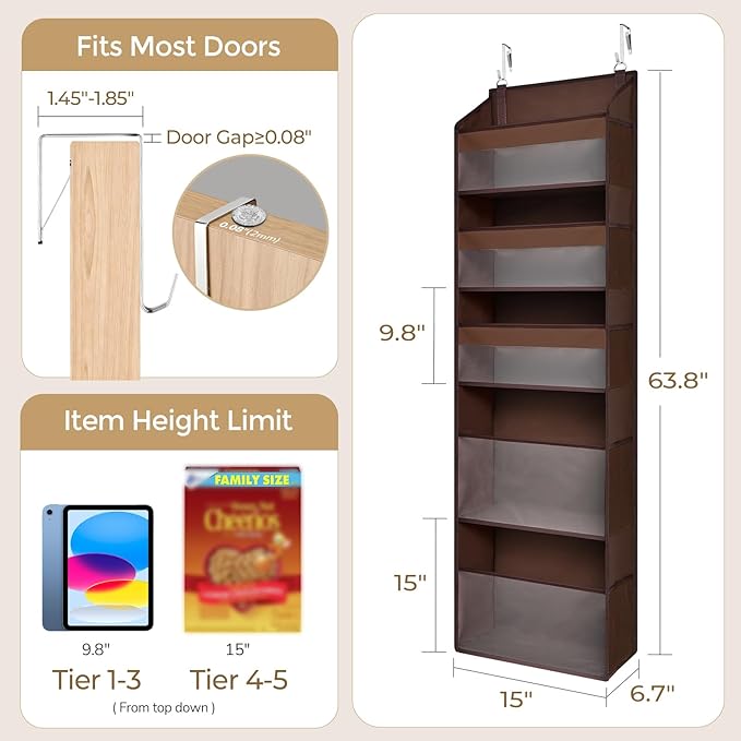 5 Tiers Over Door Organizer with 10 Mesh Side Pockets, Dark Brown