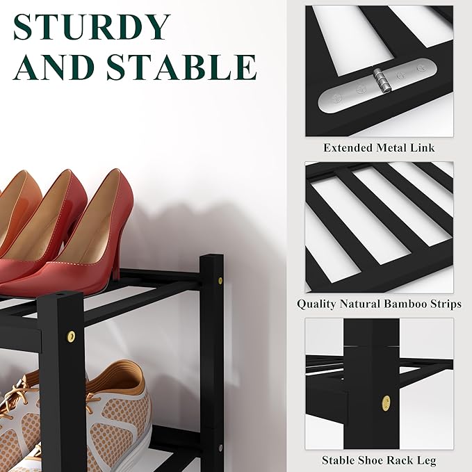 Smiry Bamboo Shoe Rack for Closet, 5 Tier Wooden Shoe Organizer, Stackable Wood Shoe Storage Shelf for Entryway, 14 Vertical Slats, 2+3 Stack Heavy-Duty Legs, 26.77"x11.02"x31.3", Black