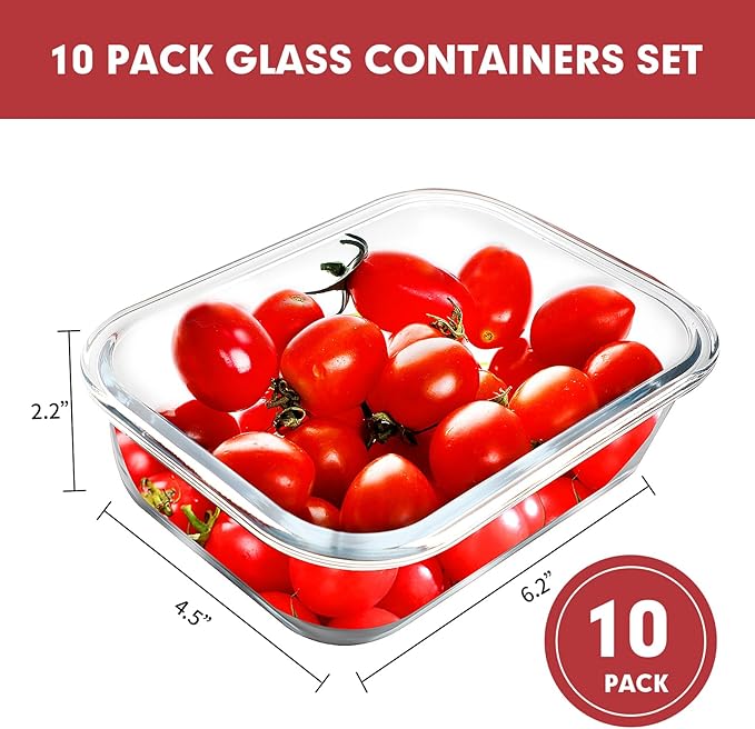 10 Pack 22 OZ Glass Meal Prep Containers, Red