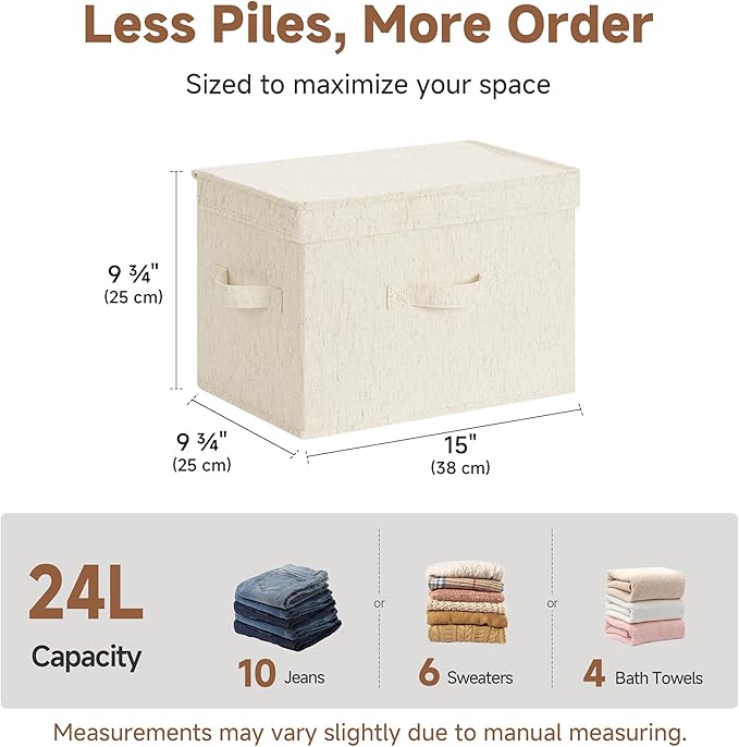 StorageWorks Fabric Storage Bins with Lid, Decorative Storage Boxes for Shelves, Stackable Closet Organizer Basket with Handles, Large, Beige, 2-Pack