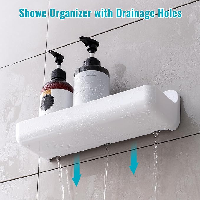 CGBE 2-Pack Acrylic Shower Shelves, Large Capacity Adhesive Shower Shelf, No Drilling Adhesive Bathroom Shelf with Drain Holes,Clear Wall Mount Organizer for Bathroom Storage