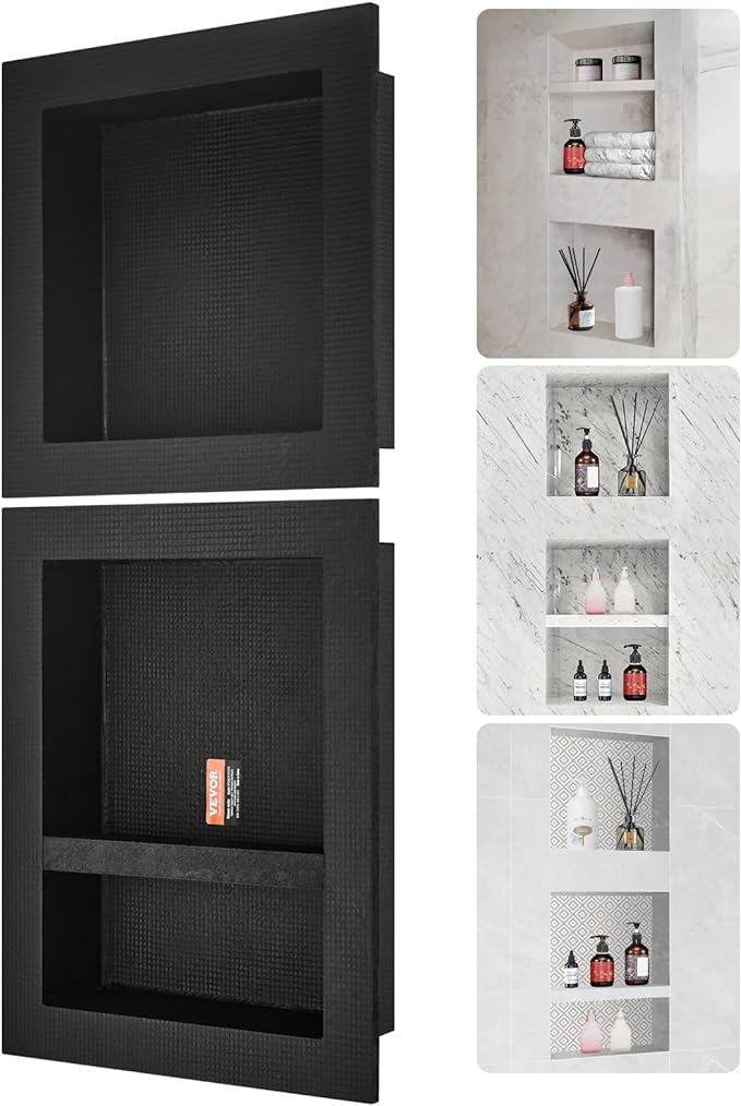 VEVOR Shower Niche Ready for Tile 16" x 16" & 16" x 20", Triple Shelf Organizer, Square Corners Wall-Inserted Niche Recessed, Sealed Protection Modern Soap Storage Niche for Shower Bathroom, Black