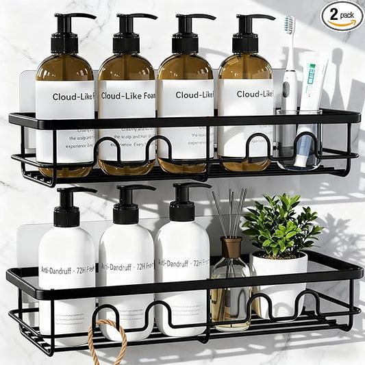 Adhesive Shower Caddy, Large Capacity Shower Racks for Inside Shower, No Drill Bathroom Shower Organizer and Storage, 2 Pack Black Bathroom Shelves, Home Decor Rv Accessories, Apartment